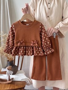 SHEIN 2件組棕色女嬰休閒羅紋波點長袖喇叭褲套裝 秋季 - 棕色 - 查看 3