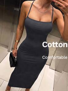 SHEIN SXY 女款純色修身時尚細肩帶長洋裝 - 深灰色 - 查看 7