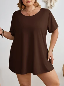SHEIN CURVE+ 大尺碼女款純色圓領短袖休閒百搭T恤 - 棕色 - 查看 6