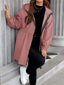 SHEIN LUNE Áo khoác casual tay dài có mũ, khóa kéo trước, màu trơn, size lớn, quần áo mùa thu - Bụi hồng - Xem 5