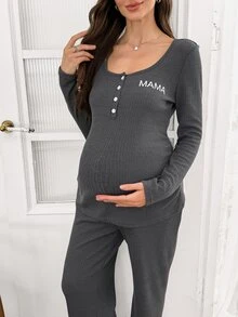 Moonlight&Mama Set Pakaian Santai Hamil Musim Gugur/Dingin, Atasan Lengan Panjang dan Celana Kancing Motif Huruf MAMA Rajut Bergaris Warna Polos, Kasual di Rumah - Dark Grey - View 4
