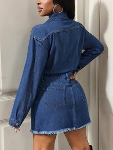 Slaydiva Festival Size Denim Women's Blue Non-Stretch Long Sleeve Dress - Dark Wash - View 2