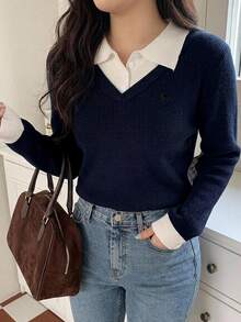 Dazy Plus College Style Color Block Patchwork Versatile Casual Spring/Autumn New Pullover Sweater - Navy Blue - View 1
