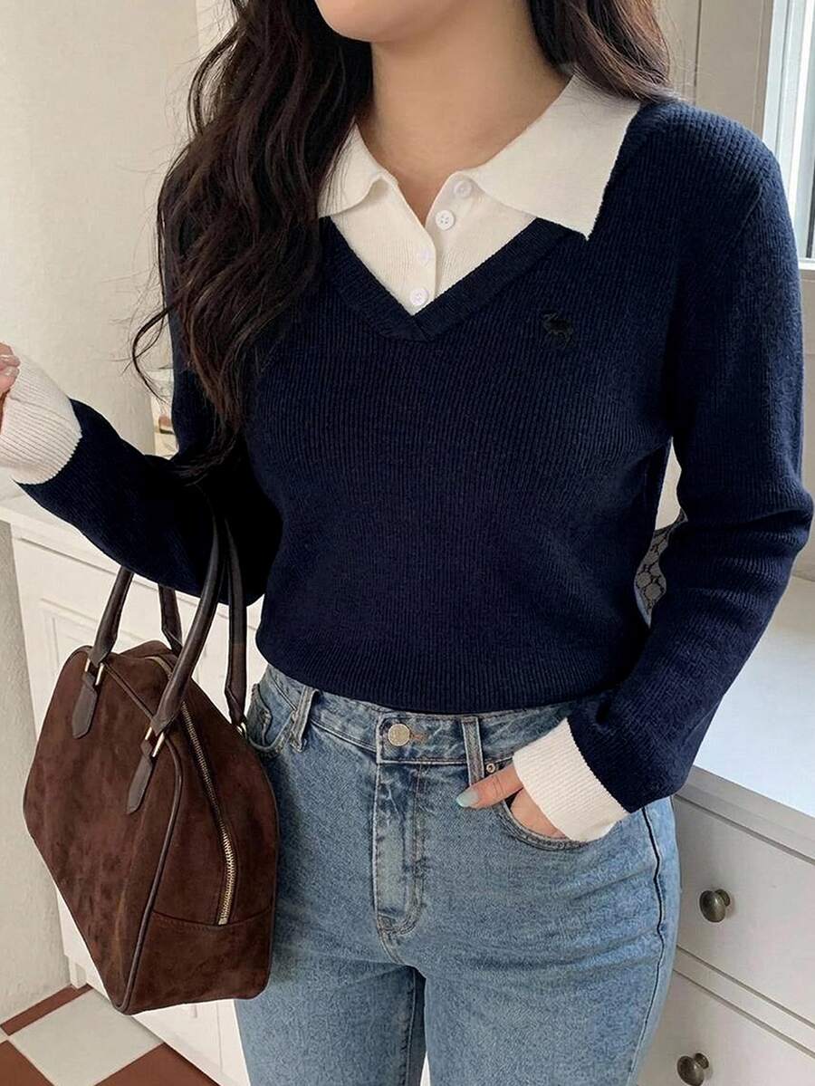 Dazy Plus College Style Color Block Patchwork Versatile Casual Spring/Autumn New Pullover Sweater - Navy Blue - View 1