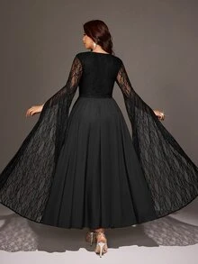 Viva Relle Plus Size Black Lace Cape Sleeve Spliced Chiffon Cinched Waist Long Evening Formal Night Dress Autumn Halloween Goth Elegant - Black - View 2