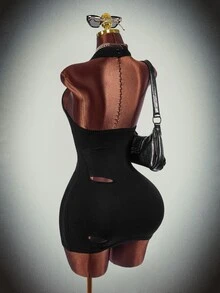 Amplova High Neck Fully Transparent Bodycon Mini Dress With Cutouts, Open Back, Waist-Cinching, Y2K Halloween Outfit For Women, Knitted - Black - View 2