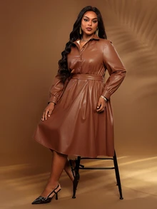 BrightlyHer Plus Size Women's Solid Color Long Sleeve Button Half-Placket PU Leather Fashion Dress - Brown - View 5