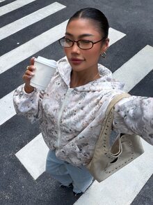 Muchica 女款拉鍊休閒百搭日常旅行連帽外套，復古花卉印花，適合秋冬，鄉村風女式夾克 - 彩色 - 查看 7