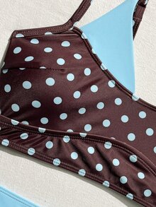 Bonvoyette Women's Summer Beach Vacation Blue And Brown Polka-Dot Print Layered Bikini Set,2-In-1 Bikini Top And Drawstring Beach Shorts - Multicolor - View 6