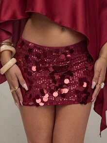 Aloruh Women's Elegant Party Asymmetric Neckline Top & Sequin Skirt 2 Pieces Set - Burgundy - View 6