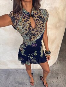 Aloruh 復古波希米亞新中式黑色盤扣印花網紗緊身迷你洋裝 - 藏蓝色 - 查看 1