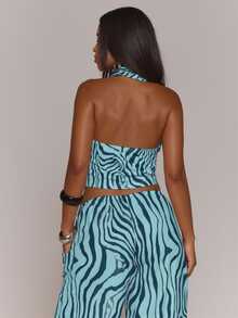 MUSERA Zebra Print Ruched Halterneck Detail Top Summer Fall Winter Day Outfit  Womens Outfit - Teal Blue - View 4