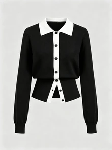 Sweetra Black & White Contrast Color Lapel Casual Fashion Commute Modern Elegant Charming Knit Cardigan For Women - Black and White - View 1