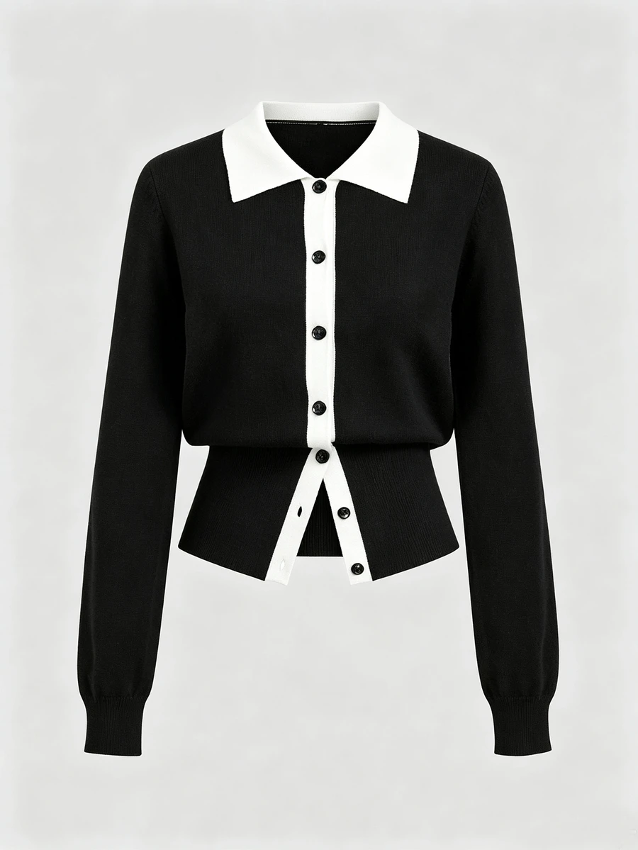 Sweetra Black & White Contrast Color Lapel Casual Fashion Commute Modern Elegant Charming Knit Cardigan For Women - Black and White - View 1
