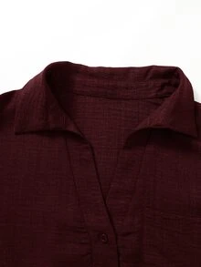 Rusticease Plus Size Button Casual Drawstring Shirt And Elastic Waist Long Pants 2 Pieces Set Fall - Burgundy - View 4