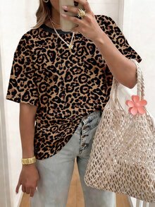 EMERY ROSE Retro Leopard Print Round-Neck Plus-Size T-Shirt - Multicolor - View 1