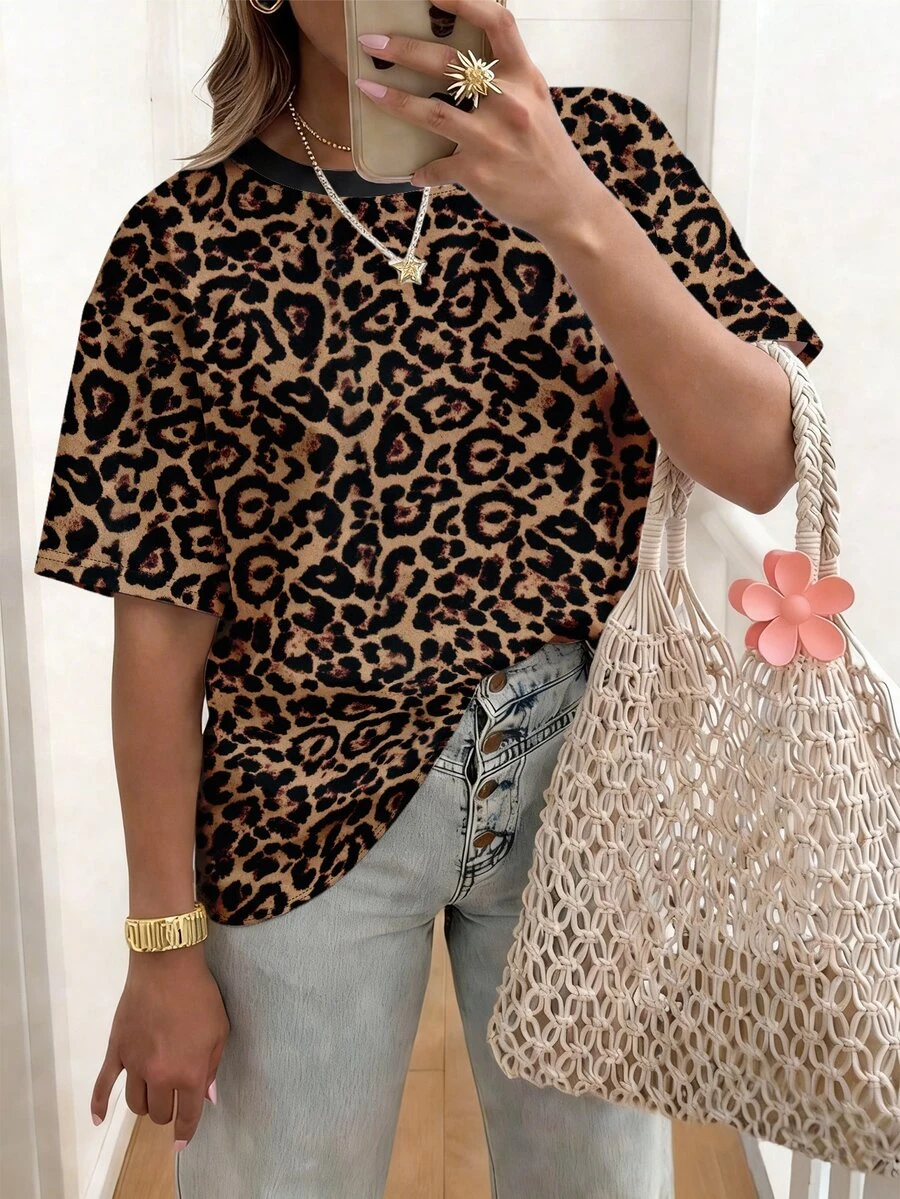 EMERY ROSE Retro Leopard Print Round-Neck Plus-Size T-Shirt - Multicolor - View 1