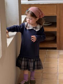 DAZY Baby Girl Plaid Mesh Colorblock Casual Summer Dress - Navy Blue - View 5