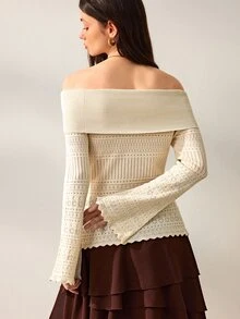 Willow Rêve Women's Ivory White Slim Fit Knitted Top, Hollow Knit Off-Shoulder Flare Sleeve Geometric Pattern Design, Western Bohemian Romantic Pastoral Style; Suitable For Autumn Date Night Wear - Cream - View 2