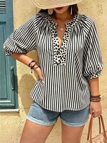 Linhara Fashion Casual Vacation Vintage Elegant Commute 3/4 Sleeve Blue Printed Blouse Fall - Black and White - View 3