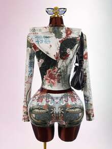 Amplova Y2K 性感緊身顯身材女款兩件套，附日式浮世繪印花帽子，街頭風，適合街拍、約會與日常穿著 - 彩色 - 查看 11