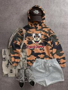 TOM & JERRY X SHEIN SHEIN EZwear 女款迷彩卡通印花連帽衛衣，適合戶外、街頭穿搭、返校季 - 彩色 - 查看 7