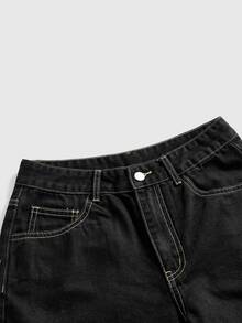 ROMWE Grunge Punk 夏季復古中性街頭龐克蜘蛛網刺繡寬鬆寬腿女款牛仔中長褲 - 黑色 - 查看 4