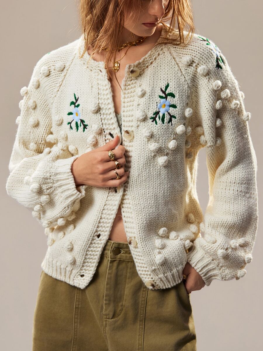 SHEIN Handmade 3D Pom Pom Floral Embroidered Chunky Knit Cardigan, Off-White Round Neck Loose Petal Sleeve Knitted Jacket - Apricot - View 1