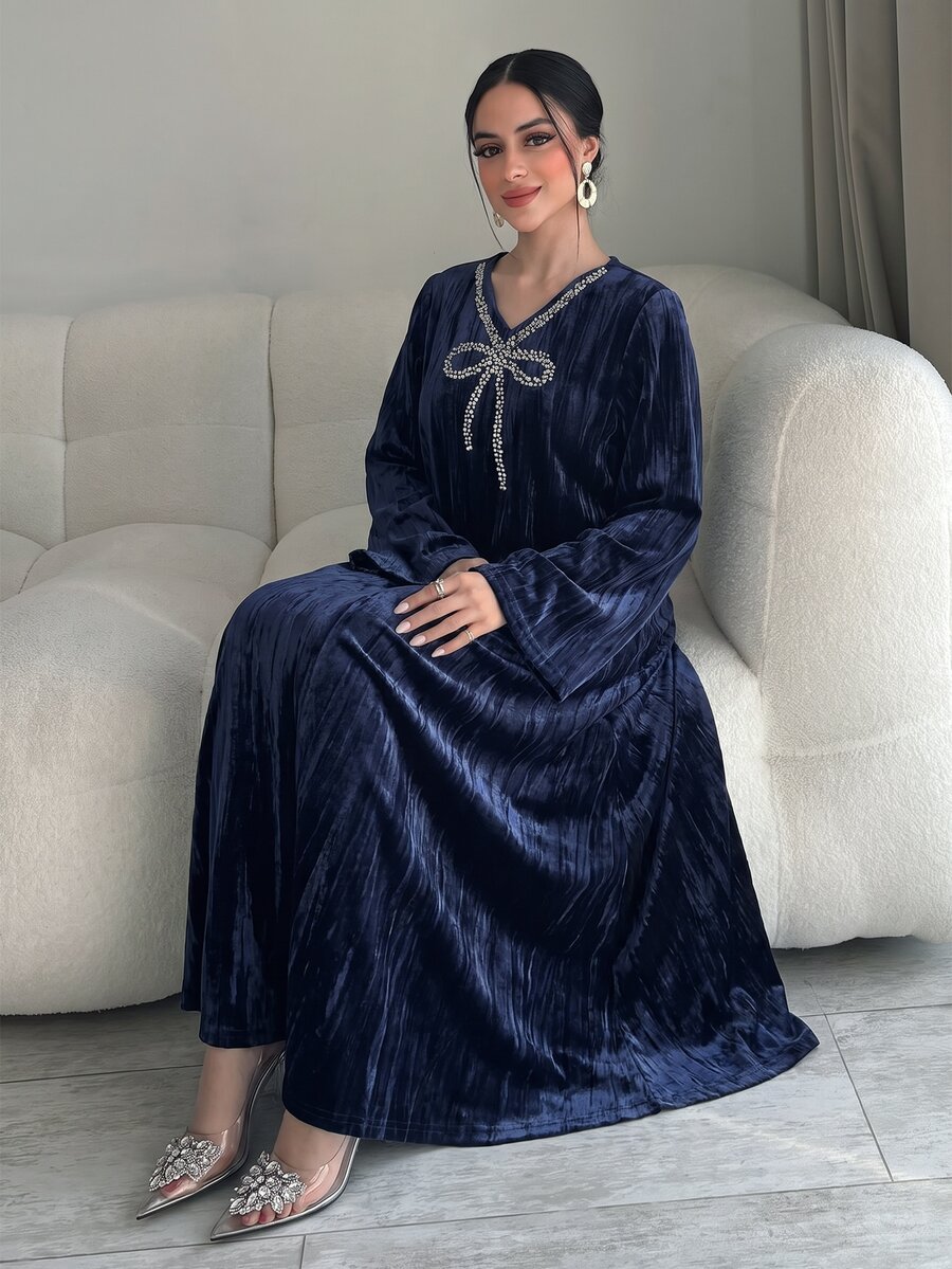 Yasmyna Women's Elegant Elegant Rhinestone Long Sleeve Arabian Dress - Royal Blue - View 1