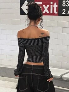 StreetHx Women's Autumn/Winter Off-Shoulder Ribbed Gradient Distressed Y2K Fitted Long Sleeve Versatile Knit Sweater - Black - View 2