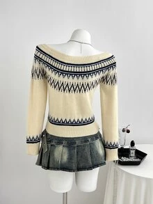 Dulcita Women's Autumn/Winter Large Scoop Neck Asymmetric Shoulder 2-Way Wear Fair Isle Wavy Pattern Colorblock Long Sleeve Slim Fit Atmospheric Knit Sweater - Light Yellow - View 2