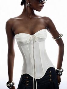 LYSMO Women's Casual White Bandeau Top With Front Tie - White - View 4