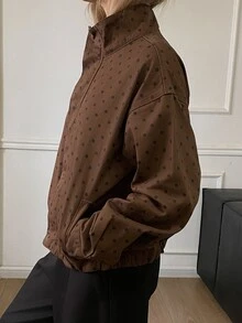 Livesso 女款秋季咖啡棕色翻領鈕扣口袋裝飾水洗寬鬆長袖短版牛仔夾克 - 咖啡棕 - 查看 4