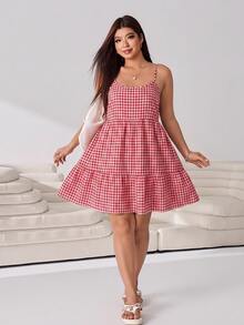 Solflare Plus Size Plaid Ruffle Hem Cami Dress - Red and White - View 3