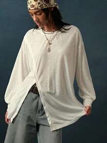 Bohemela Women's Autumn Casual Solid Color Split Hem T-Shirt - White - View 4