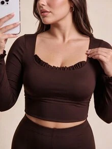 Gameset SHEIN Sport Women's Plus Size Solid Color Frill Trim Long Sleeve Casual Active Tropical Alternative Fitness Sports T-Shirt Gym Brown Autumn Fall - Coffee Brown - View 2