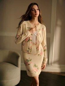 MOTF PREMIUM WOMEN'S FLORAL PRINT SINGLE-BREASTED CARDIGAN AND SWEATER SKIRT - Coffee Brown - View 4