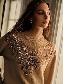 MOTF PREMIUM WOMEN'S PATCHWORK SEQUIN & BEADED DECOR DROP SHOULDER LOOSE LANTERN SLEEVE SWEATER - Khaki - View 8