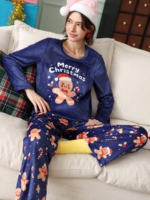 Chillnights طقم بيجامة نسائي بطبعة كرتونية لعيد الميلاد، ملابس علوية وبنطلون - الأزرق - مشاهدة 4