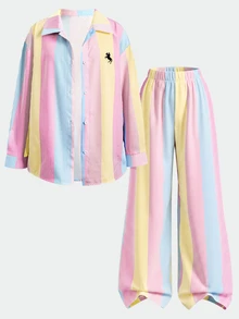 SHEIN Tween女孩彩色條紋Logo印花學院風寬鬆長袖上衣與寬腿褲2件套返校休閒套裝 - 粉色 - 查看 5