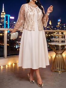 SHEIN Lady CURVE Plus Size Women's Solid Color Dress And Mesh Cardigan Fashion 2 Pieces Set - Gold - View 3