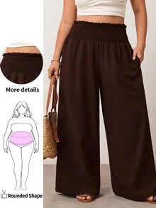 Enliva Plus Size Women's Solid Color Ruffle Elastic Waist Wide Leg Loose Casual Pants, Suitable For Daily Casual And Commuting Wear - Brown - View 1