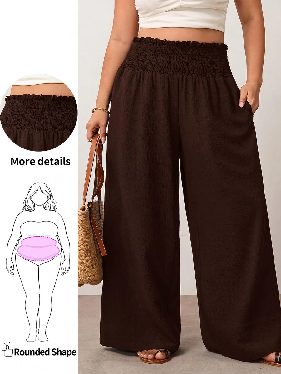 Enliva Plus Size Women's Solid Color Ruffle Elastic Waist Wide Leg Loose Casual Pants, Suitable For Daily Casual And Commuting Wear - Brown - View 1