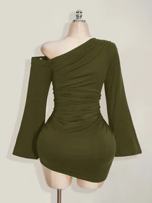 SHEIN ICON Plus Size Casual Daily Summer Dress With Pockets, Diagonal Shoulder And Grommet Decor Fall - Army Green - View 2