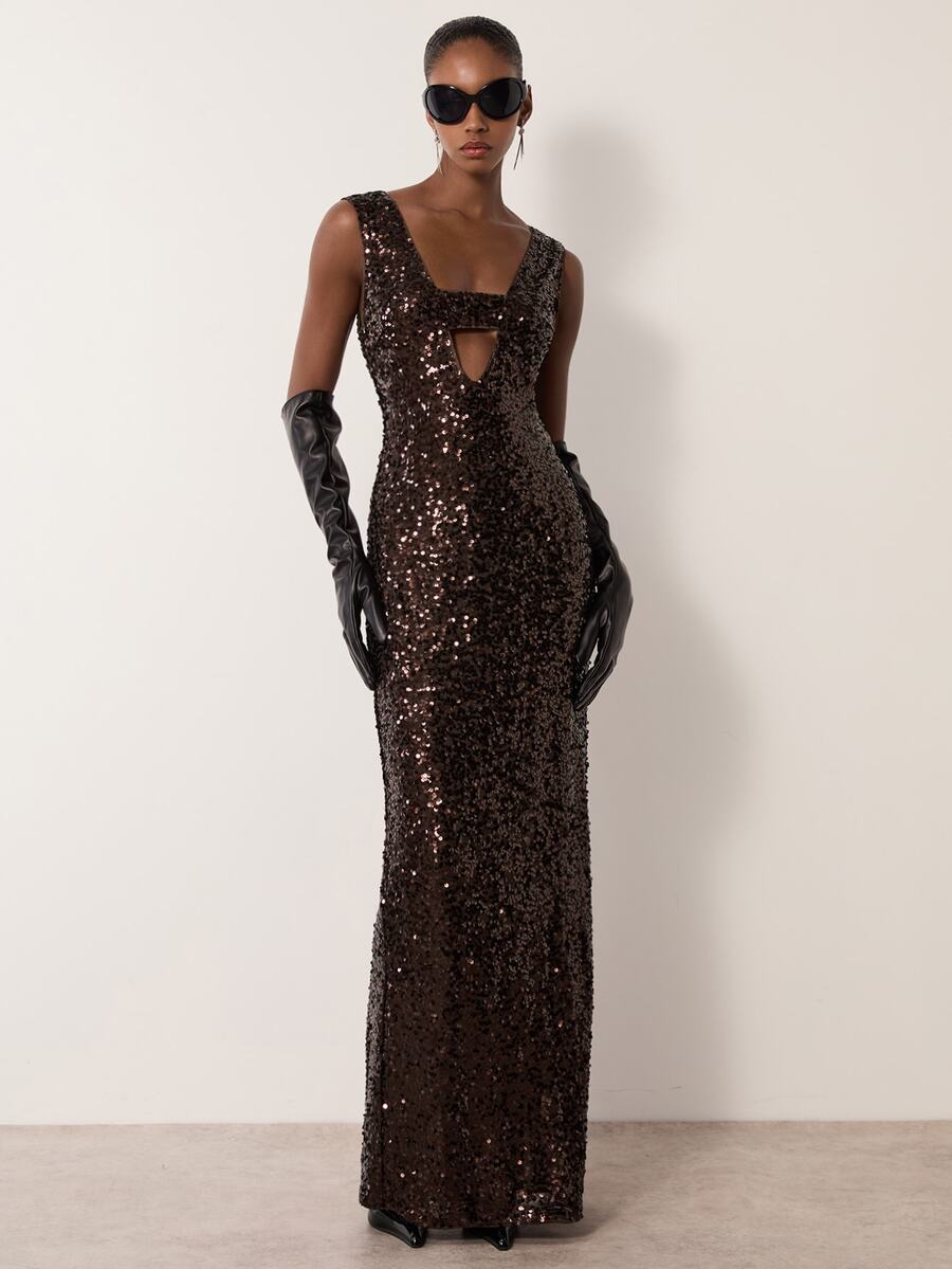 MERLEAU Women's Modern Dark Brown Sequin Dress - Brown - View 1