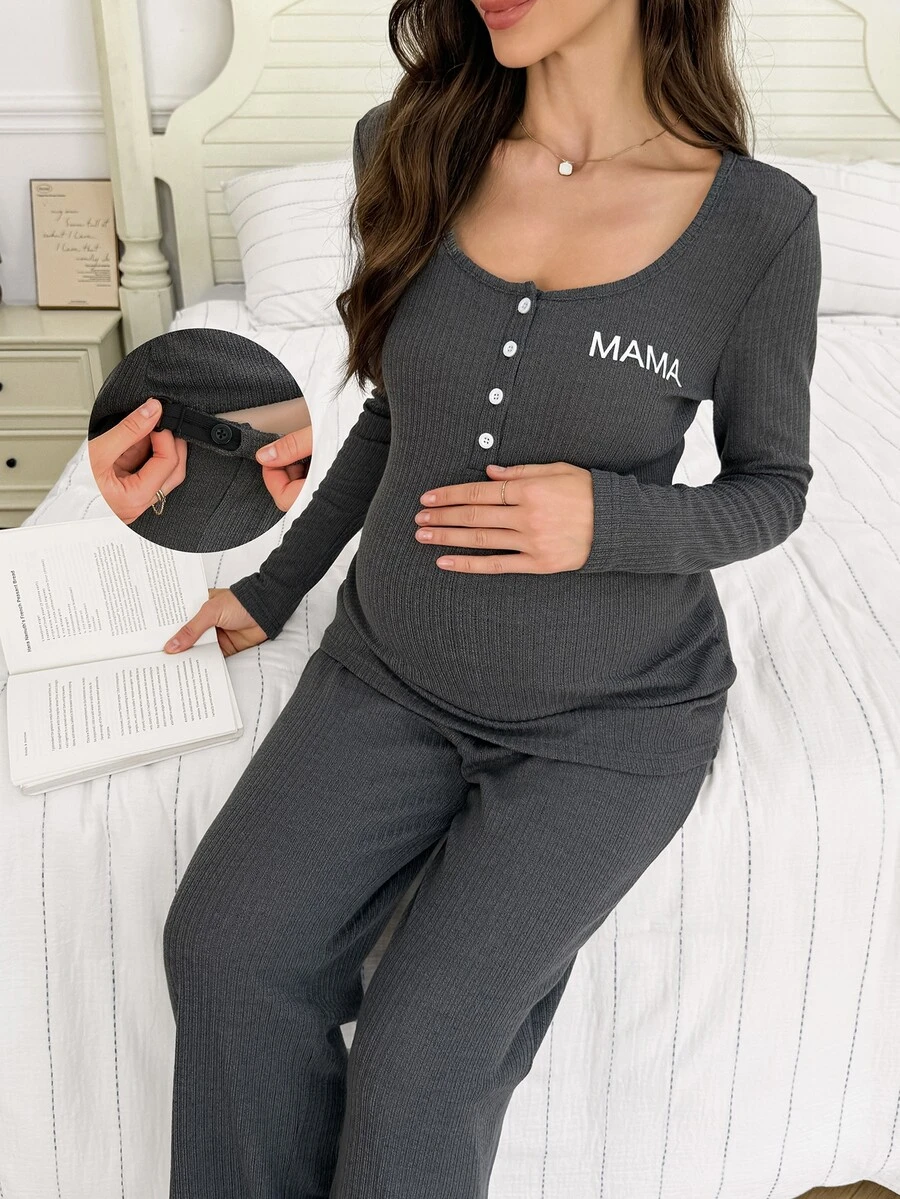 Moonlight&Mama Set Pakaian Santai Hamil Musim Gugur/Dingin, Atasan Lengan Panjang dan Celana Kancing Motif Huruf MAMA Rajut Bergaris Warna Polos, Kasual di Rumah - Dark Grey - View 1