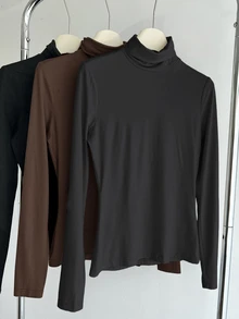 SHEIN BASICS 3件裝純色針織高領修身長袖女款基礎層T恤 - 彩色 - 查看 7