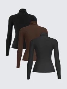 SHEIN BASICS 3件裝純色針織高領修身長袖女款基礎層T恤 - 彩色 - 查看 4
