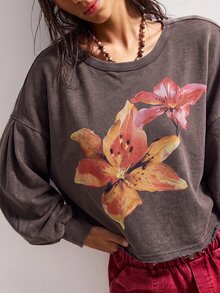Bohemela 女款街頭風花卉印花時尚長袖運動衫 - 棕色 - 查看 7