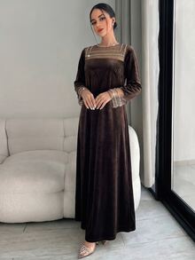 Yasmyna Gaun Pesta Kasual Wanita dengan Motif Jala dan Patchwork - Coklat - View 7
